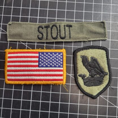 Stout Name Badge, flag and insignia